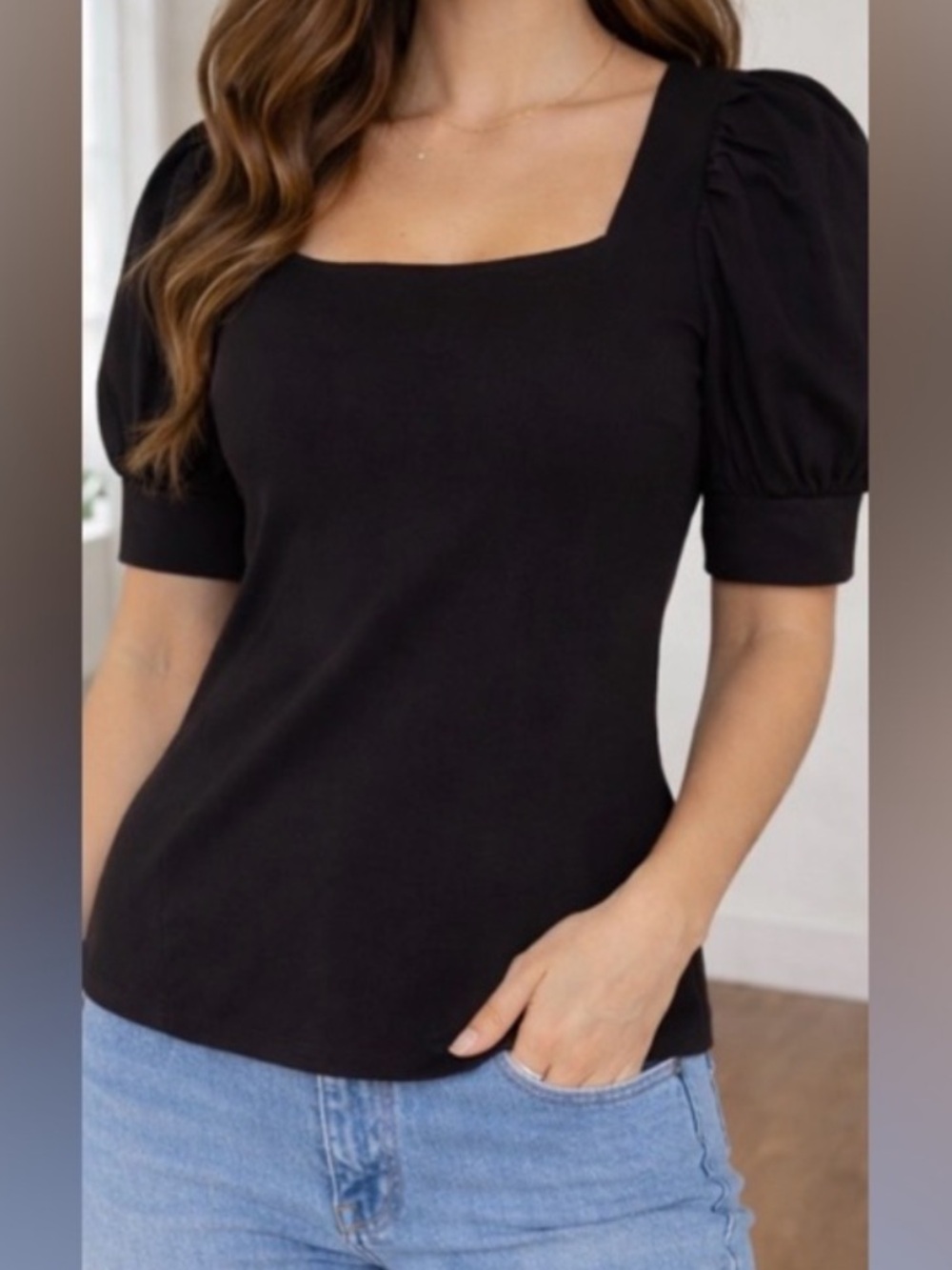 Bailey 44 Black Square Neck Puff Sleeve Blouse